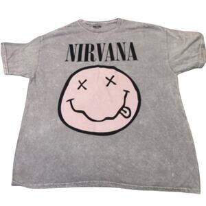 Nirvana Smiley Face Short Sleeve T-Shirt Gray Pink Graphic Vintage Band Size 1X